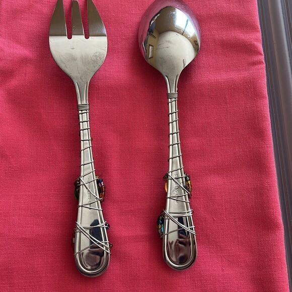 Beaded artisan serving spoon and fork set. - Picture 5 of 8